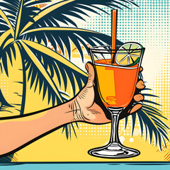 Poster - Person savoring a tropical cocktail by the poolside isolated on white background, pop-art, png
