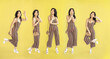 Collection full body portrait of cheerful pretty Asian woman have good mood isolated on yellow color background