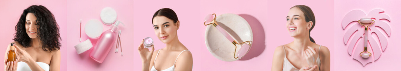 Wall Mural - Collage of young women with natural cosmetic cream and massage roller on pink background