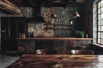 Wall Mural - Industrial House: Elegant Dark Loft Kitchen with Stone Table, Black Cabinets, and Vintage Decor