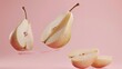 levitating Pear cutted pieces, separated, pastel color background, professional studio photography, hyperrealistic, minimalism, negative space, high detailed, sharp focus