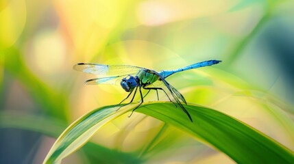 Wall Mural - a Dragonflies perched on the leaf tip. generative ai