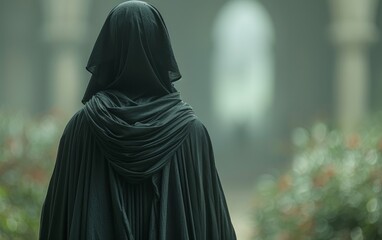 A person wearing a black cloak and hood is walking in a park. The image has a mysterious and ominous mood, as the person is shrouded in darkness and the park is dimly lit