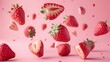 levitating Strawberries cutted pieces, separated, pastel color background, professional studio photography, hyperrealistic, minimalism, negative space, high detailed, sharp focus