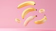 levitating Banana cutted pieces, separated, pastel color background, professional studio photography, hyperrealistic, minimalism, negative space, high detailed, sharp focus