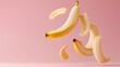 levitating Banana cutted pieces, separated, pastel color background, professional studio photography, hyperrealistic, minimalism, negative space, high detailed, sharp focus