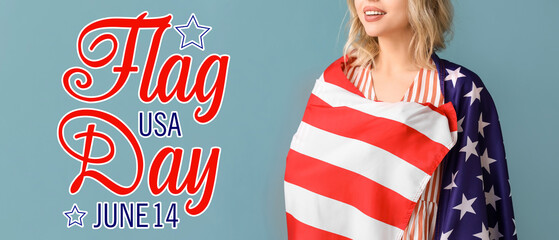 Sticker - Young woman with USA flag on blue background, closeup