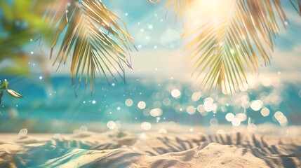 Tropical beach scene with shimmering sunlight and palm leaves. Serene summer vacation background. Calming seaside ambiance captured in vibrant colors. AI