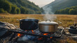 camping cooking in nature outdoor, prepare breakfast picnic in mist morning