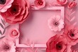 3d render, abstract paper flowers, pink red poppy floral background, blank square frame, greeting card template 