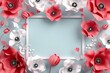 3d render, abstract paper flowers, pink red poppy floral background, blank square frame, greeting card template 