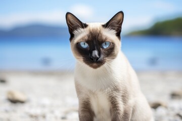 Canvas Print - Medium shot portrait photography of a funny siamese cat staring while standing against beach background