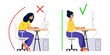 © Victoria - Correct good position vs bad incorrect posture for sitting at computer desk. Right and wrong wires located. Right and wrong back, neck and legs poses of woman at workplace. Vector 