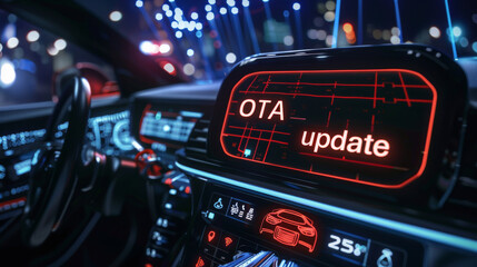 Over the air firmware update in automotive industry with a car cluster showing an over-the-air or OTA update on the screen