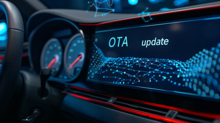 Wall Mural - Over the air firmware update in automotive industry with a car cluster showing an over-the-air or OTA update on the screen