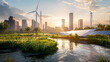 © dreamscape - Green city with renewable sustainable energy solution technology concept. Panorama background nature scene with turbine, modern building urban with fresh sky background in beautiful sunset backlight.