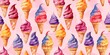Summer seamless background with colorful assorted delicious ice cream in a waffle cone. Colorful watercolor illustration on a pastel soft pink sweets background for a hot summer day