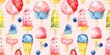 Summer seamless background with colorful variety of delicious ice cream with blueberries and strawberries. Colorful watercolor illustration on a pastel soft pink sweets background