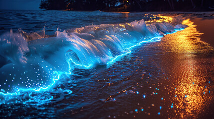 Wall Mural - The bioluminescent waves on the beach, glow blue as they gently crash onto the golden sand at night.