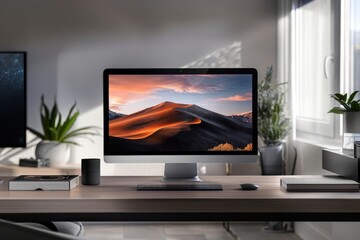 A computer monitor is on a desk in a room with a view of a mountain. The computer is turned on and the screen is lit up