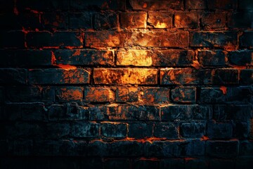 Wall Mural - A brick wall with a burnt orange glow. The wall is dark and the orange glow is the only light source