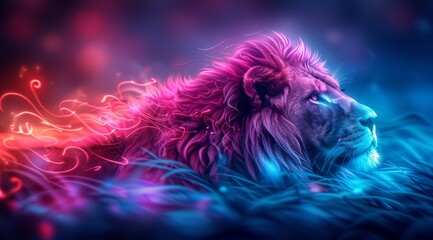 Wall Mural - A colorful lion is laying in the water