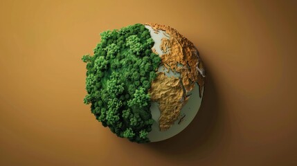 A papercut globe with half lush green and half barren desert, showing the drastic effects of global warming.