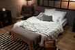 © Pixel-Shot - Interior of bedroom with blanket on bed and soft bench in evening