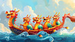 Illustration of Colorful Dragon Boats Racing in Stylized Ocean Waves