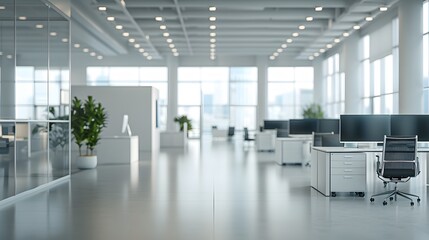 Wall Mural - A modern office interior with white desks and chairs, featuring large windows that create an open space atmosphere. 