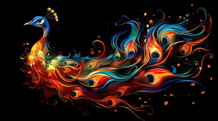 Wall Mural - A painting of a colorful peacock on a black background. A magical creature made of fire.