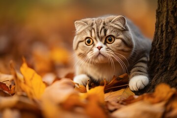 Canvas Print - Environmental portrait photography of a happy scottish fold cat crouching onn autumn foliage background