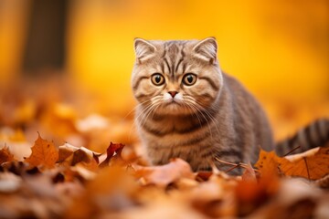 Sticker - Environmental portrait photography of a happy scottish fold cat crouching isolated onn autumn foliage background