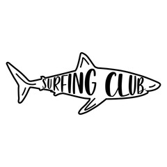 Canvas Print - Logo club de surf. Texto Surfing Club con silueta de tiburón lineal