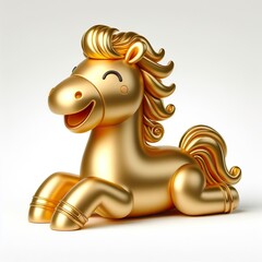 horizontal left to right a 3d gold happy horse with happy face, white background