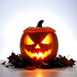 Sinister pumpkin light amidst autumn leaves, perfect for festive ads, party invites, and October content