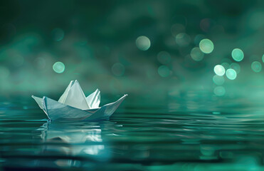 Poster - A delicate white leaf-shaped paper boat floats on the water, surrounded by blue-green aurora