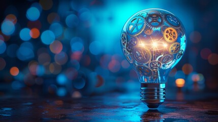 Wall Mural - Creativity and Design: A 3D vector illustration of a lightbulb with gears and cogs inside