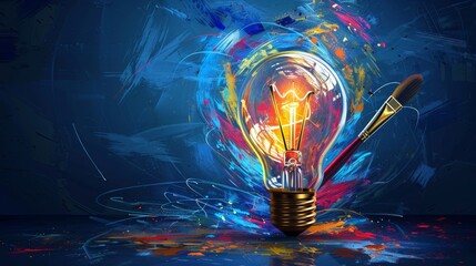 Wall Mural - Creativity and Design: A 3D vector illustration of a lightbulb with a paintbrush inside