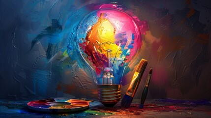 Wall Mural - Creativity and Design: A 3D vector illustration of a lightbulb with a palette and paint tubes inside