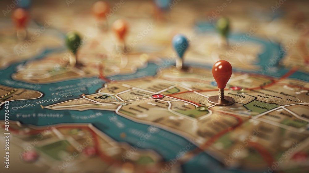Event Planning: A 3D vector illustration of a detailed map with pins ...