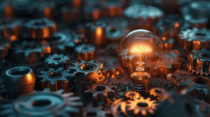 Wall Mural - Invention and Discovery: A 3D vector illustration of a glowing lightbulb surrounded by gears and cogs