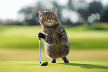 Cat Standing With A Golf Club On A Green Course.