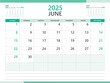 Calendar 2025 template vector on green background, June 2025 template, Planner, week start on Sunday,  Desk calendar 2025 design, minimal wall calendar, Corporate planner template vector