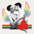 © master1305 - Monochrome image of two loving young men, couple hugging, kissing against rainbow colors elements background. Contemporary art collage. Concept of LGBT, equality, pride month, support, love