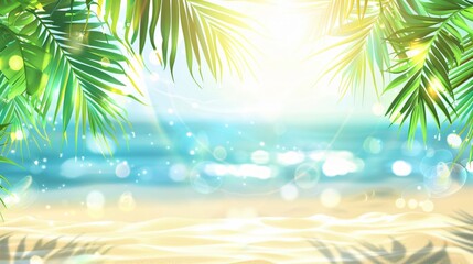 beautiful summer background with palm leaves and a sandy beach