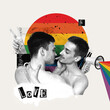 © master1305 - Monochrome image of two men, couple kissing and showing love against rainbow color background. Contemporary art collage. Concept of LGBT, equality, pride month, support, love, human rights, event