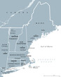 New England, a region of the United States, gray political map. Maine, Vermont, New Hampshire, Massachusetts, Rhode Island and Connecticut with Capitals. Bordered by Mid-Atlantic region and by Canada.