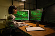 © Pixel-Shot - Female programmer working with computer monitors in office at night