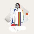 © master1305 - Young serious woman in white shirt with rainbow line symbolizing lgbt support against light background with abstract elements. Contemporary art. Concept of LGBT, equality, pride month, support, love